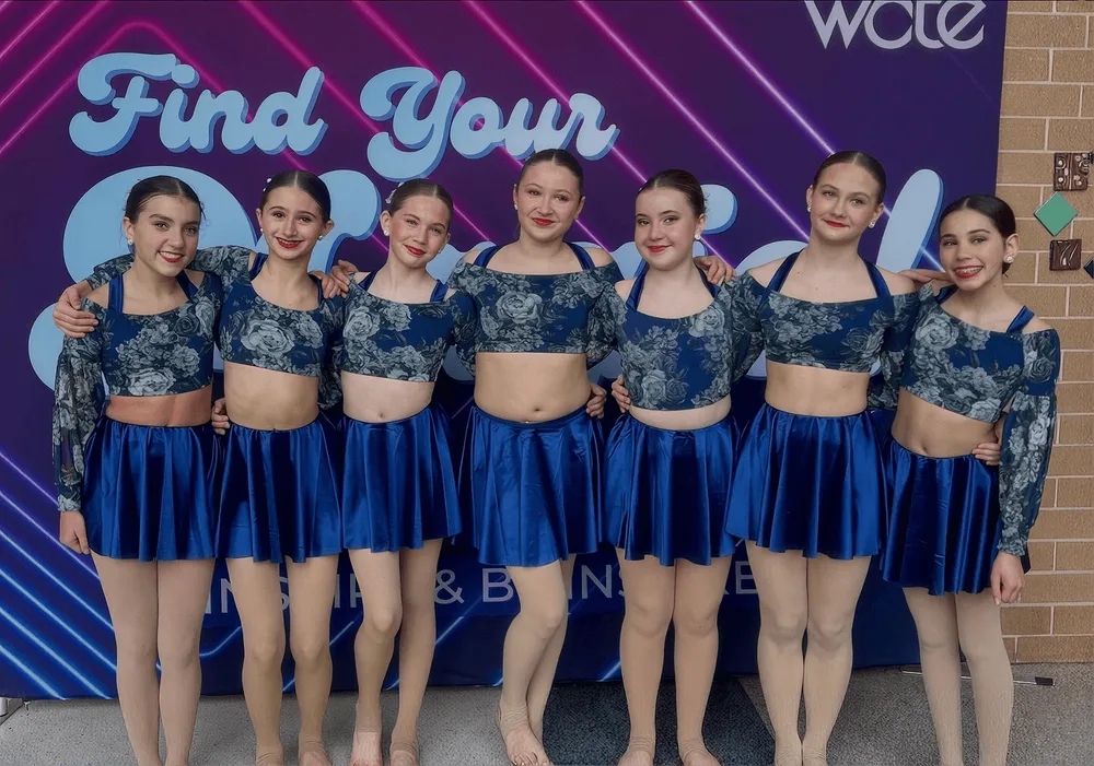 Momentum competition team dancers posing together in matching blue costumes